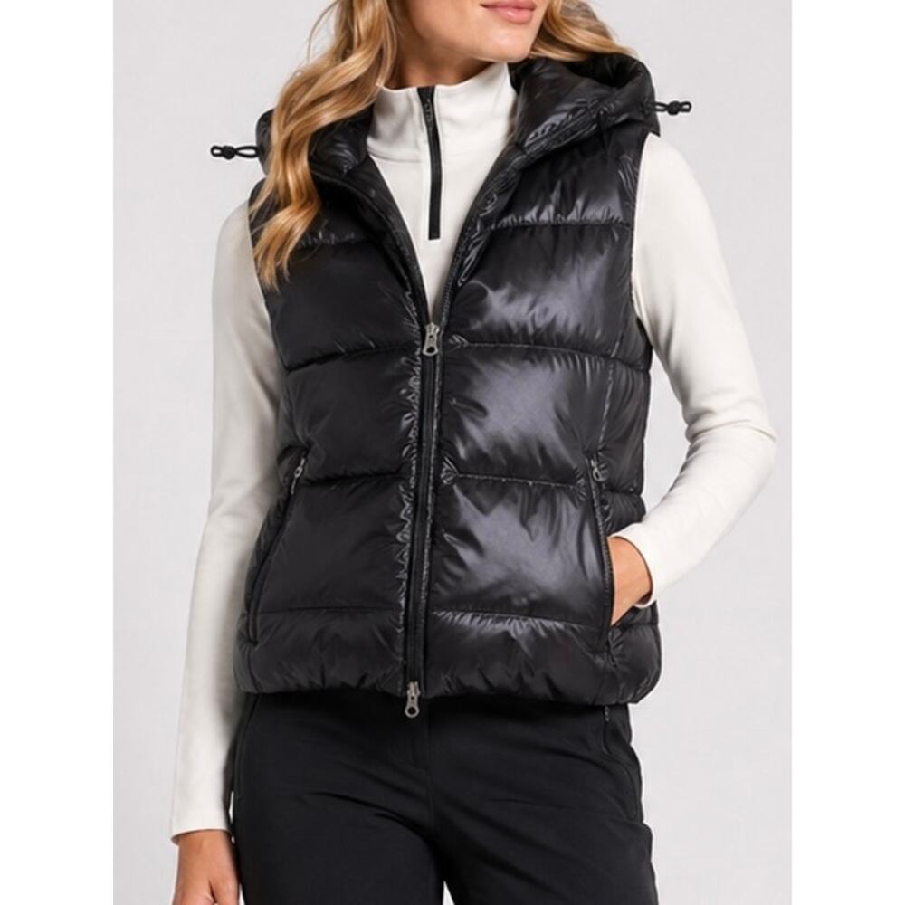 DUVETICA Goccia Goose Down Vest Shiny Black Packable Hooded Puffer, Size 2 - 4